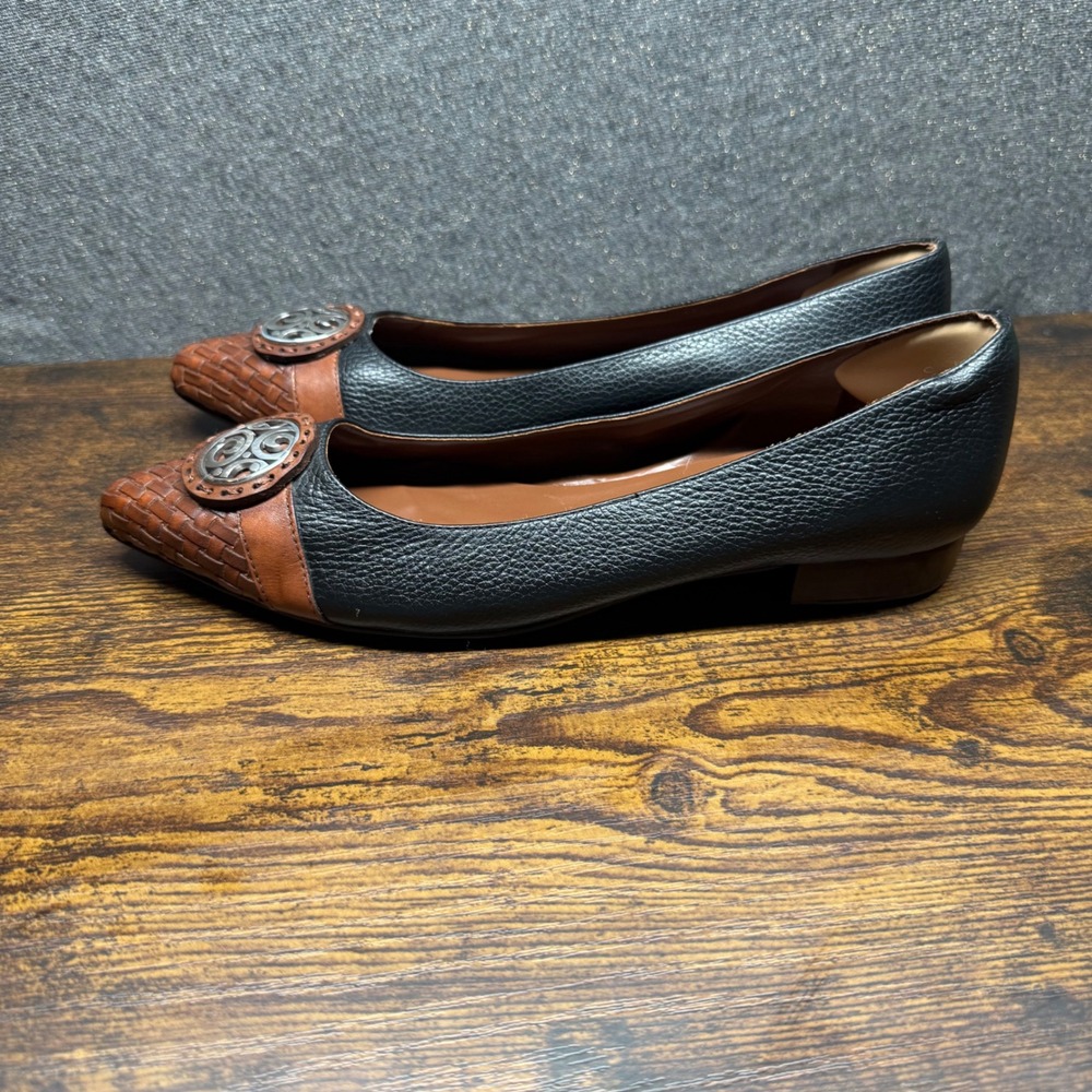 Brighton Ebony Black Brown Leather Woven Pointed Toe Flats Size 7.5M Medallion - Picture 3 of 7